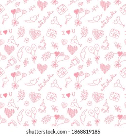 Valentinstag-Muster mit handgezeichneten Elementen. Vektorgrafik, Umhüllungspapier