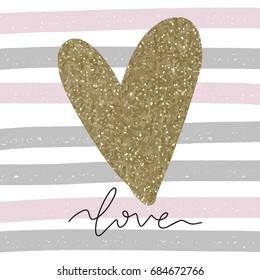 Valentine's day pattern with hand drawn heart. Gold texture