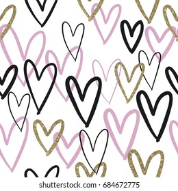 Valentine's day pattern with hand drawn heart. Gold texture