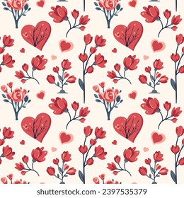 Valentine's Day pattern. Heart shapes and romantic flowers. Love bouquets seamless vector background. 