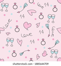 Valentine's Day. Pattern. Hearts arrows wine glass and ring. Write the word love and 14. on pink background.