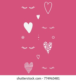 Valentines Day pattern with hearts and cilia, drawn by hand, on a pink background.