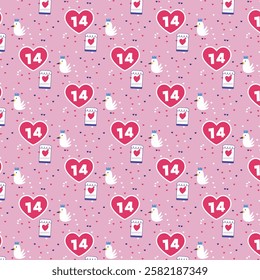 Valentine's Day Pattern with Hearts, Doves, and Calendar Icons