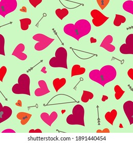 valentine's day pattern with hearts, key and arrows on a green background