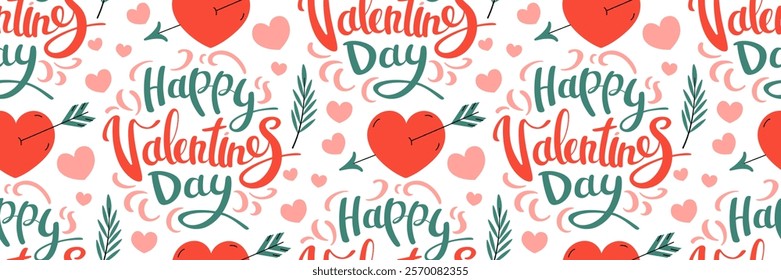 Valentine's Day pattern with hearts and lettering. Red heart with arrow. Cute flying arrow symbol Cupid. Red romantic Background. For packaging, wallpaper. Vector flat illustration.
