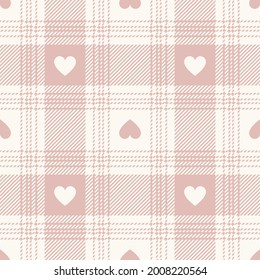 Valentine's Day pattern with hearts in pink and white. Seamless light ombre buffalo check tartan vichy plaid for flannel shirt, tablecloth, picnic blanket, other modern spring summer fashion textile.