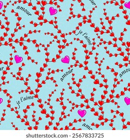 Valentines day pattern with hearts and romantic words love and I love you in french