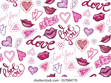 Valentines Day - pattern with "I Love You", love, hearts, kiss, red lips. Vector illustration. Calligraphic design elements