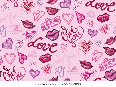 Valentines Day - pattern with "I Love You", love, hearts, kiss, red lips. Vector illustration. Calligraphic design elements