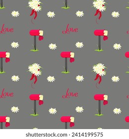 Valentine's Day pattern. Illustration with love objects. Daisies with a red ribbon, the inscription Love, mailbox. Vector illustration