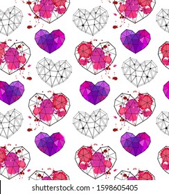 Valentine's Day pattern illustration – low poly hearts, sketch vector graphic colour illustration on white background