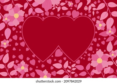 ilustración de patrón de día de San Valentín, sobre fondo rojo oscuro, rodeado de hojas y flores florecientes, genial para tarjetas de saludo de día de San Valentín, regalos, pancartas, afiches