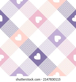 Valentines Day pattern and love hearts in pastel lilac  pink  white  Abstract geometric tartan buffalo check plaid for tablecloth  picnic blanket  other spring summer holiday fabric paper print 