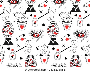 Valentine's Day pattern. Love modern print hand drawing with burning heart, flower, rose.Y2k 2000s cute emo goth aesthetic . Vector illustration