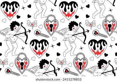 Valentine's Day pattern. Love modern print hand drawing with burning heart, flower, rose.Y2k 2000s cute emo goth aesthetic . Vector illustration