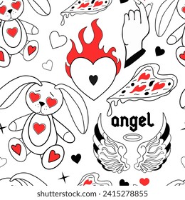 Valentine's Day pattern. Love modern print hand drawing with burning heart, flower, rose.Y2k 2000s cute emo goth aesthetic . Vector illustration