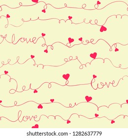 Valentine's day pattern with pink wavy lines, hearts, word love on a beige background. Irregular abstract striped texture with a vertical direction.