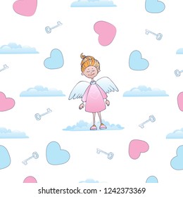 Valentine's day pattern for printing. Angel on white background with key and heart.