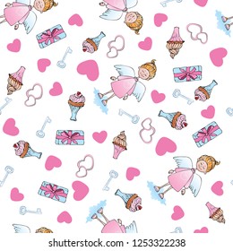 Valentine's day pattern for printing. Angel on white background with key and heart.