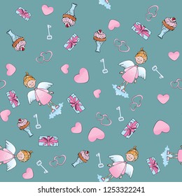 Valentine's day pattern for printing. Angel on white background with key and heart.