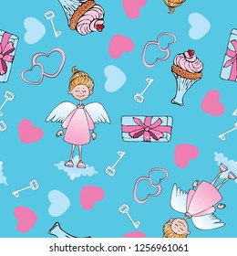 Valentine's day pattern for printing. Angel on white background with key and heart.