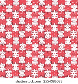 Valentine's Day Pattern. Puzzles. Seamless Geometric Checkered Background with Valentines Elements. Different Hearts, Words Love. Holiday of Love Print. Template. Vector in Red, White