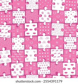 Valentine's Day Pattern. Puzzles. Seamless Geometric Checkered Background with Valentines Elements. Different Hearts, Words Love. Holiday of Love Print. Template. Vector in Pink, White