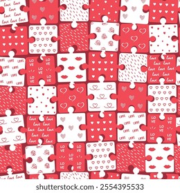 Valentine's Day Pattern. Puzzles. Seamless Geometric Checkered Background with Valentines Elements. Different Hearts, Words Love. Holiday of Love Print. Template. Vector in Red, White