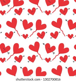 Valentines day pattern. Red heart balloons with arrow and red hearts. Vector design illustration.