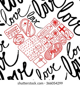 Valentines day pattern with red heart and gifts, great for packaging