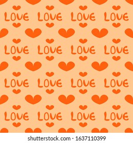 Valentines Day pattern with red hearts on orange background and love