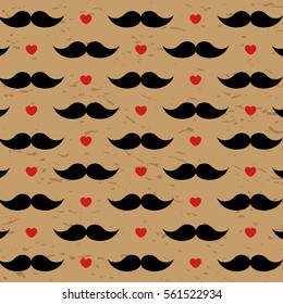 Valentine's Day pattern with red hearts and black mustache  on kraft paper background in hipster style. Gift wrapping paper, card, background design.
