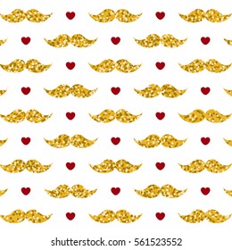 Valentine's Day pattern with red hearts and gold glitter mustache on white background in hipster style. Gift wrapping paper, card, background design.