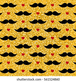Valentine's Day pattern with red hearts and black mustache  on gold glitter background in hipster style. Gift wrapping paper, card, background design.