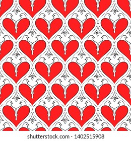 Valentine's Day pattern.  Romantic seamless pattern for your design with stylized shapes of hearts created from shapes of a couple of doves in red, black, white colors