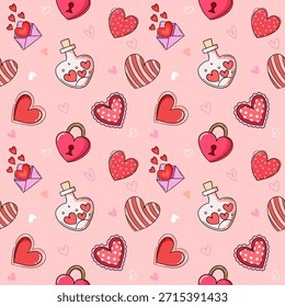 Patrón de San Valentín: un tapiz romántico de amor, con corazones, poción de amor y letras de amor sobre un delicado fondo rosa. El diseño evoca sentimientos de afecto, romance.