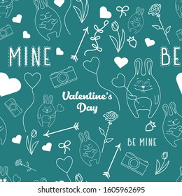 Valentine's day pattern. Seamless background. Be mine. Green background. Rabbits.