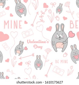 Valentine's day pattern. Seamless background. Be mine. White background. Rabbits.