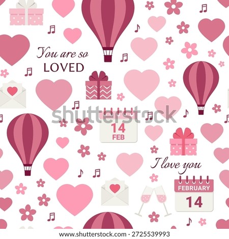 Valentines day pattern. Seamless background. Cute burgundy pink wrapping paper. Love prints with hearts, hot air balloons and gift boxes. Red girly texture. Vector illustration. Romantic scrap design