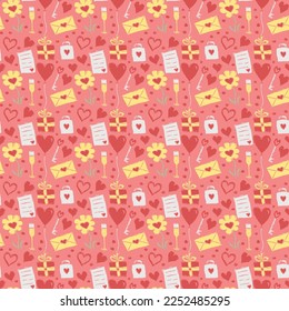 Valentine's day pattern. Seamless pattern with hearts, giftbox, flowers. Love background
