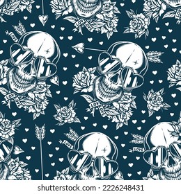 Valentines day pattern seamless vintage monochrome skull among beautiful roses and hearts for romantic date or party lovers vector illustration