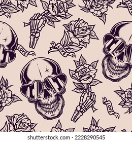 Valentines day pattern seamless vintage monochrome skulls with flowers for festive decorations for romantic party on February 14 vector illustration