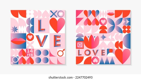 Valentines Day pattern templates.Romantic vector wallpapers in bauhaus style with geometric elements and symbols.Modern trendy designs for prints,banners,fabric,invitations,branding,covers.