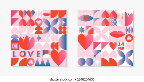 Valentines Day pattern templates.Romantic vector wallpapers in bauhaus style with geometric elements and symbols.Modern trendy designs for prints,banners,fabric,invitations,branding,covers.