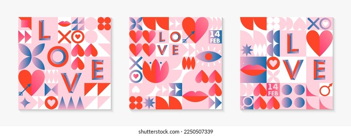 Plantillas de patrón de San Valentín.Papeles vectoriales románticos al estilo bauhaus con elementos geométricos y símbolos.Diseños modernos de moda para impresiones, banners, tela, invitaciones, marca, cubiertas.