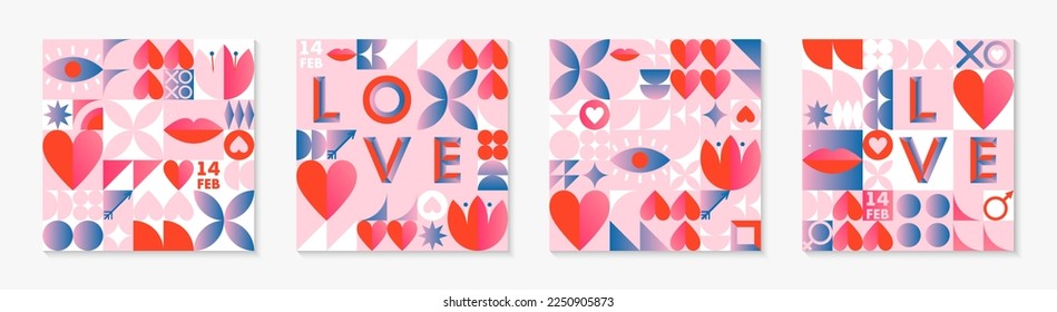 Valentines Day pattern templates.Romantic vector wallpapers in bauhaus style with geometric elements and symbols.Modern trendy designs for prints,banners,fabric,invitations,branding,covers.