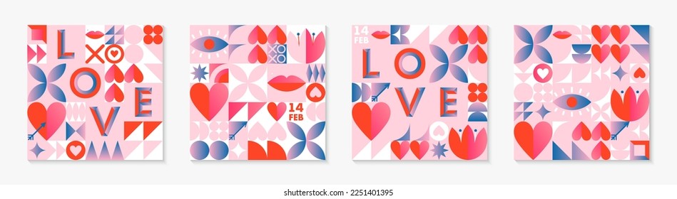 Valentines Day pattern templates.Romantic vector wallpapers in bauhaus style with geometric elements and symbols.Modern trendy designs for prints,banners,fabric,invitations,branding,covers.