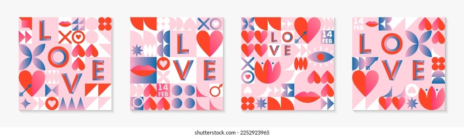 Valentines Day pattern templates.Romantic vector wallpapers in bauhaus style with geometric elements and symbols.Modern trendy designs for prints,banners,fabric,invitations,branding,covers.