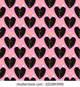 Valentines Day pattern with ugly devil hearts. Groovy cute love characters. Vector illustration in doodle style