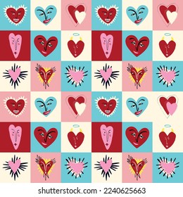 Valentines Day pattern with ugly funky hearts. Groovy cute love characters. Vector illustration in doodle style